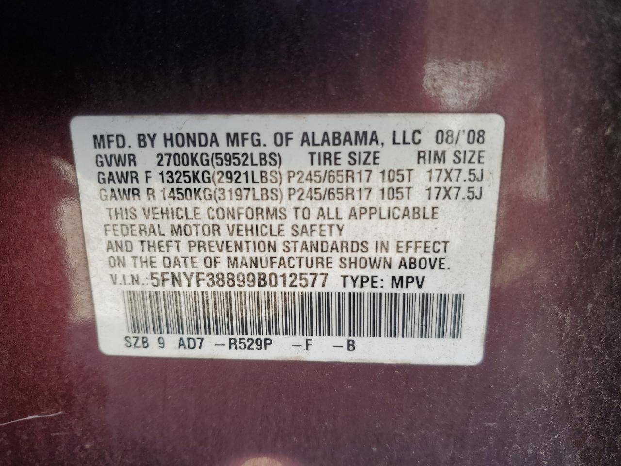 2009 Honda Pilot VIN: 5FNYF38899B012577 Lot: 89474135