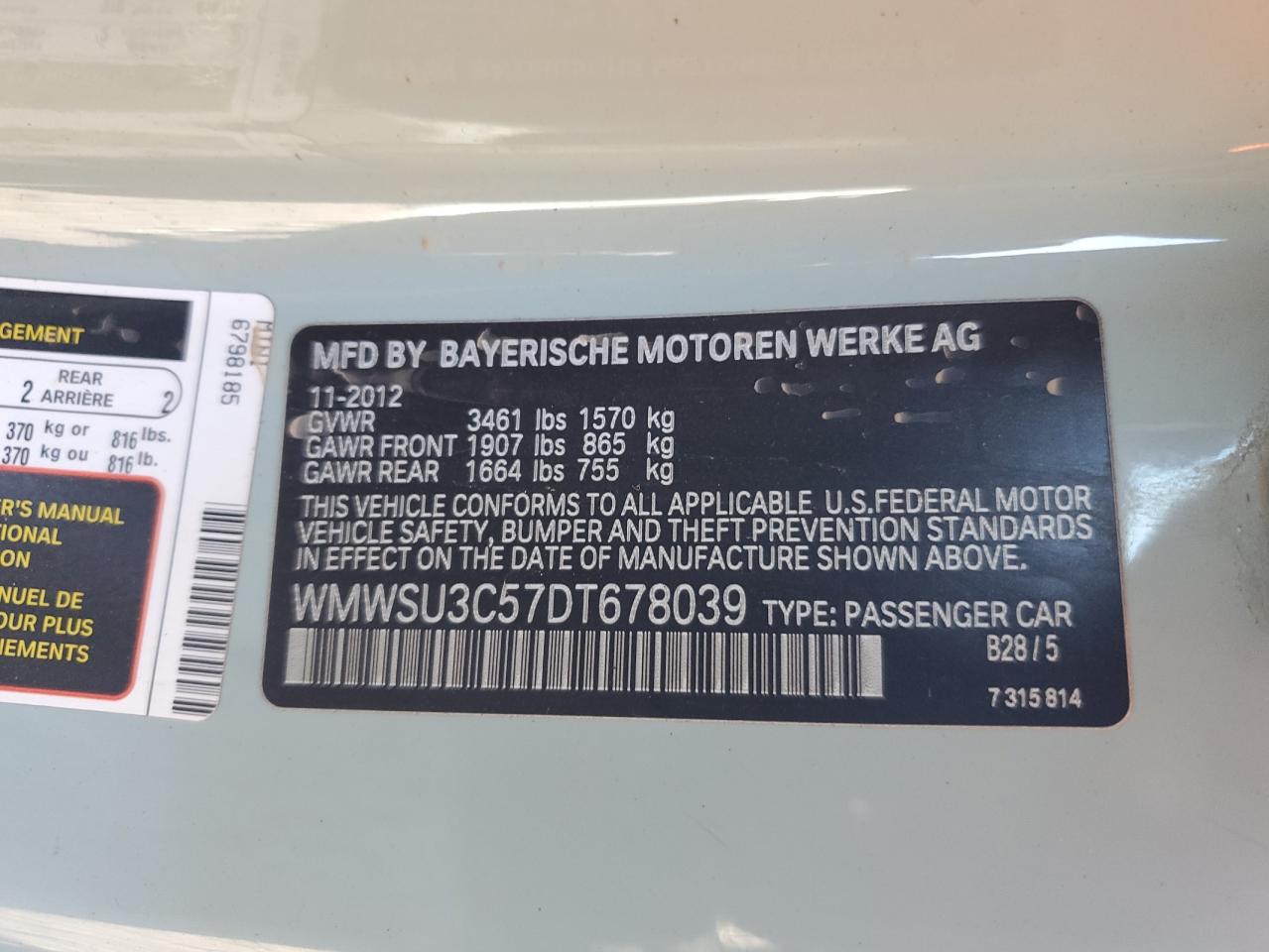 2013 Mini Cooper VIN: WMWSU3C57DT678039 Lot: 89665185