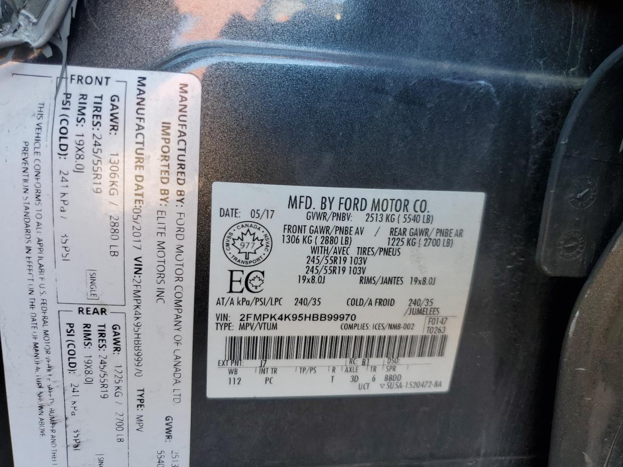 2017 Ford Edge Titanium VIN: 2FMPK4K95HBB99970 Lot: 90232455