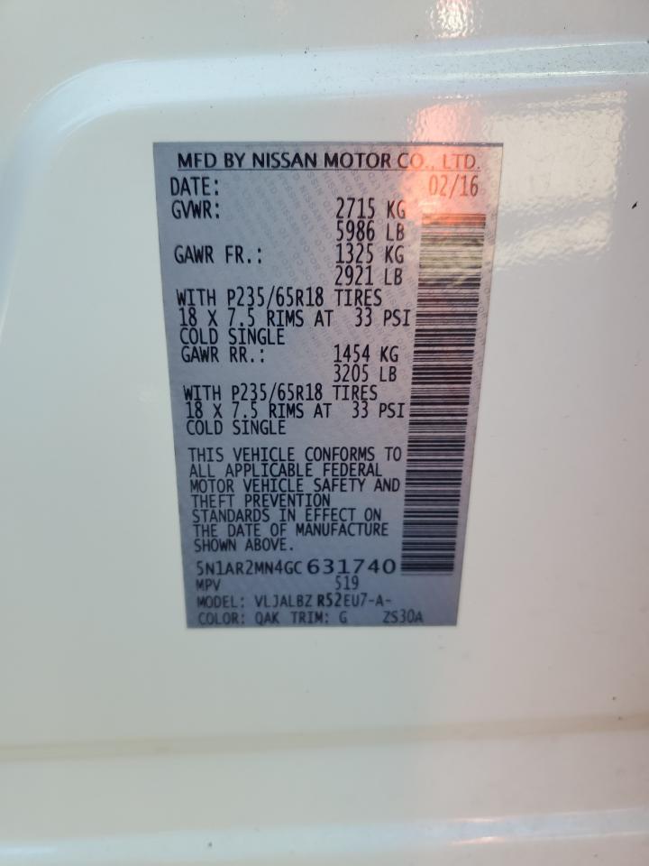 2016 Nissan Pathfinder S VIN: 5N1AR2MN4GC631740 Lot: 86832885