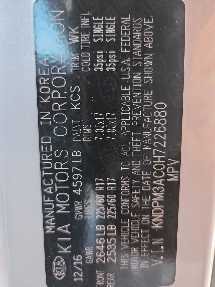 2017 Kia Sportage Lx VIN: KNDPM3AC0H7226880 Lot: 85130465