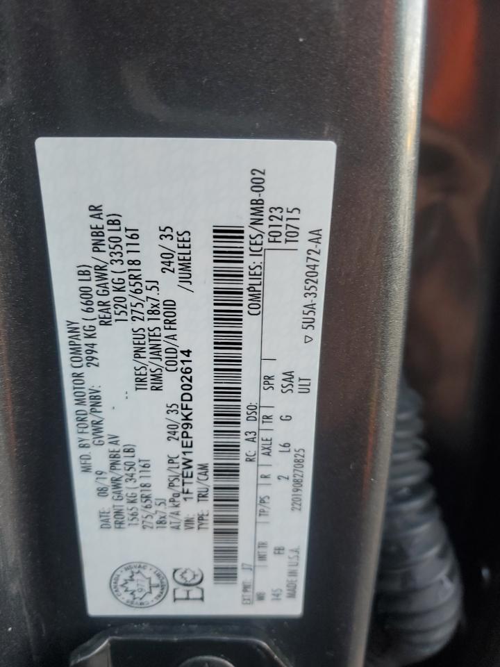 2019 Ford F150 Supercrew VIN: 1FTEW1EP9KFD02614 Lot: 89492205