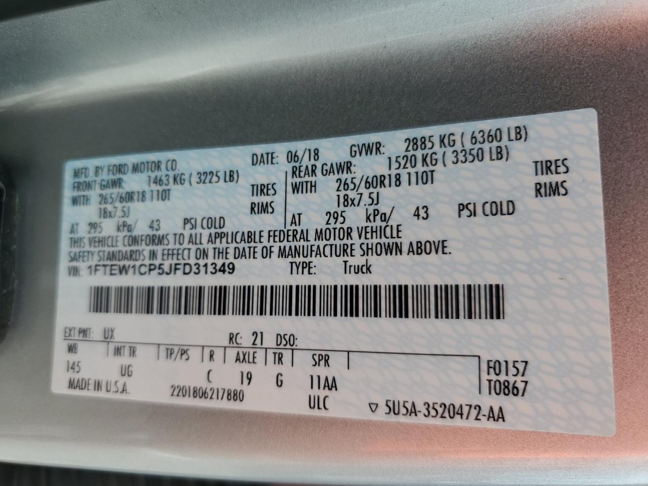 2018 Ford F150 Supercrew VIN: 1FTEW1CP5JFD31349 Lot: 85582915