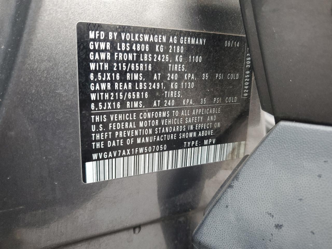 2015 Volkswagen Tiguan S VIN: WVGAV7AX1FW507050 Lot: 85349945