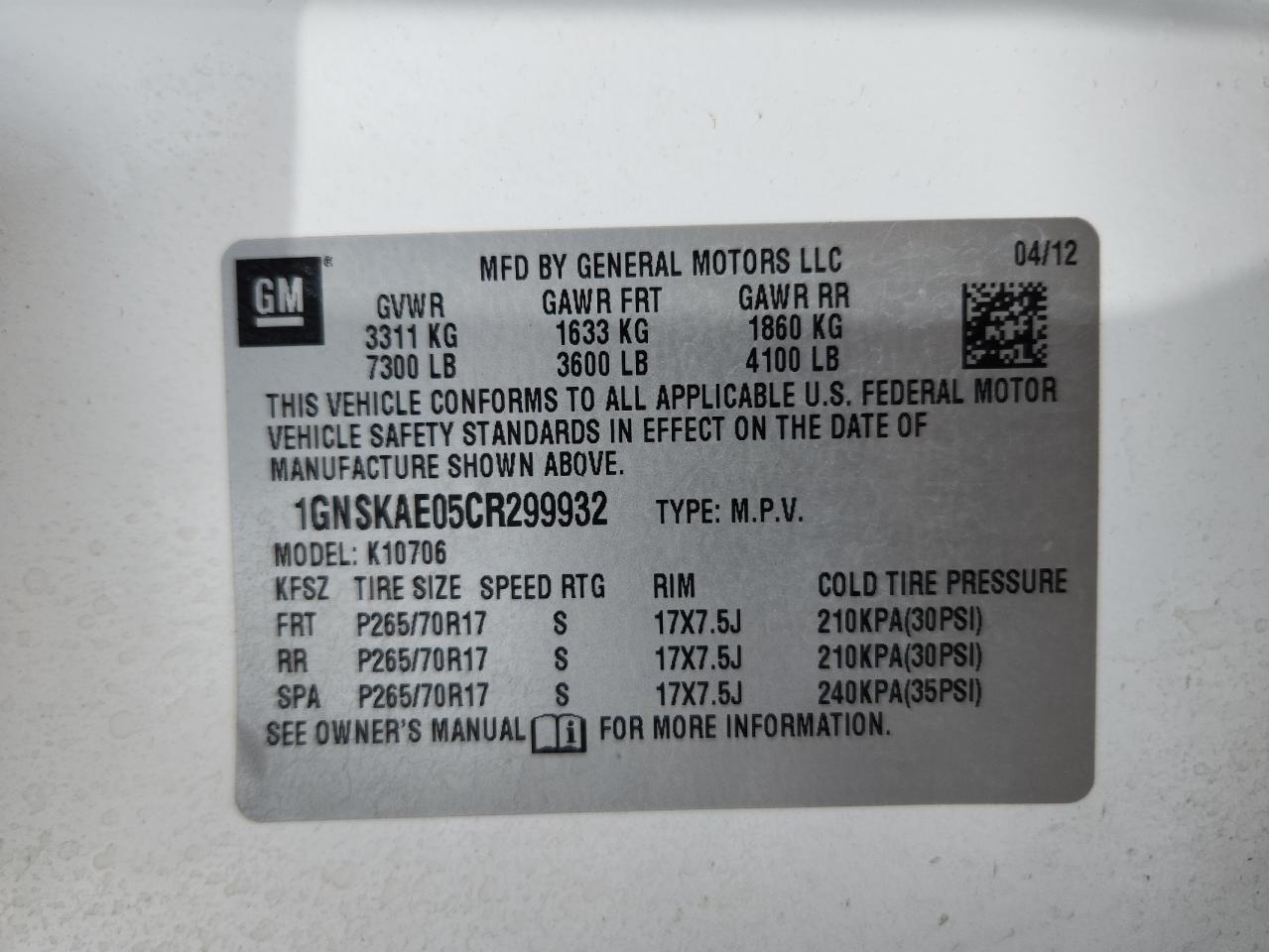 2012 Chevrolet Tahoe K1500 Ls VIN: 1GNSKAE05CR299932 Lot: 86157295