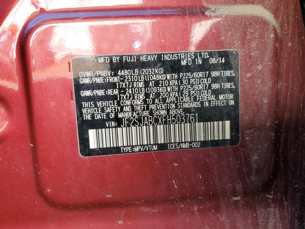 2015 Subaru Forester 2.5I VIN: JF2SJABCXFH503761 Lot: 85902115