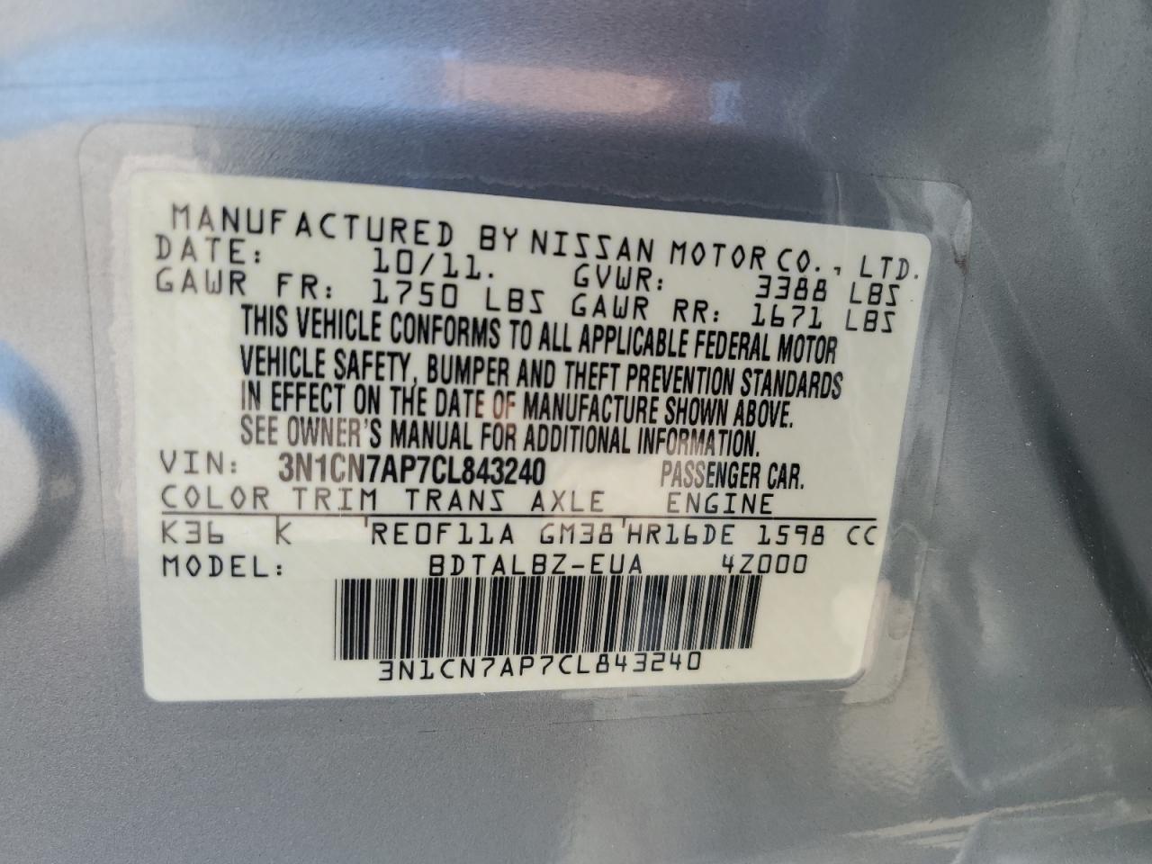 2012 Nissan Versa S VIN: 3N1CN7AP7CL843240 Lot: 86607435