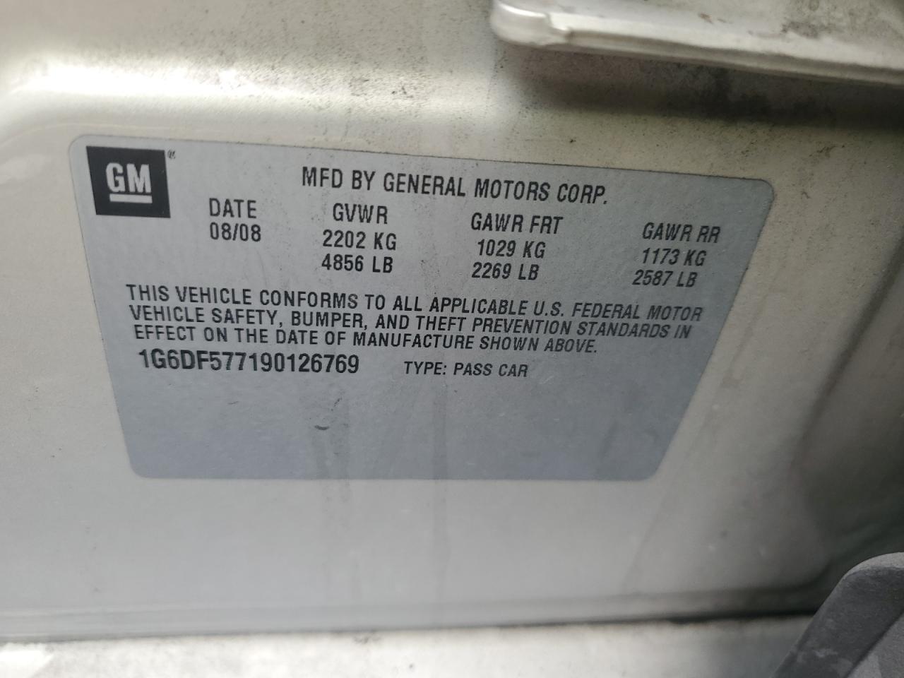 2009 Cadillac Cts VIN: 1G6DF577190126769 Lot: 90372555