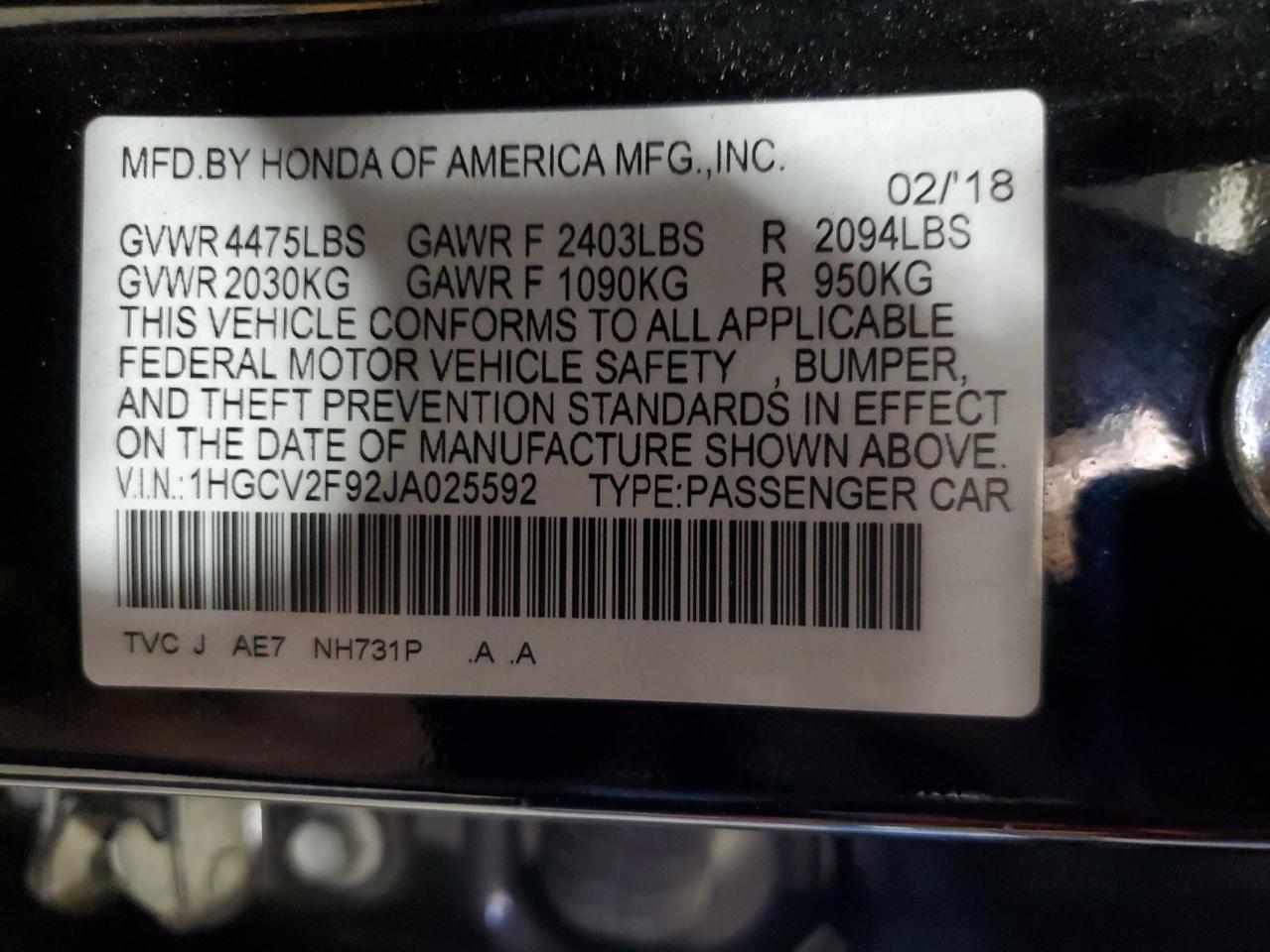 2018 Honda Accord Touring VIN: 1HGCV2F92JA025592 Lot: 85498565