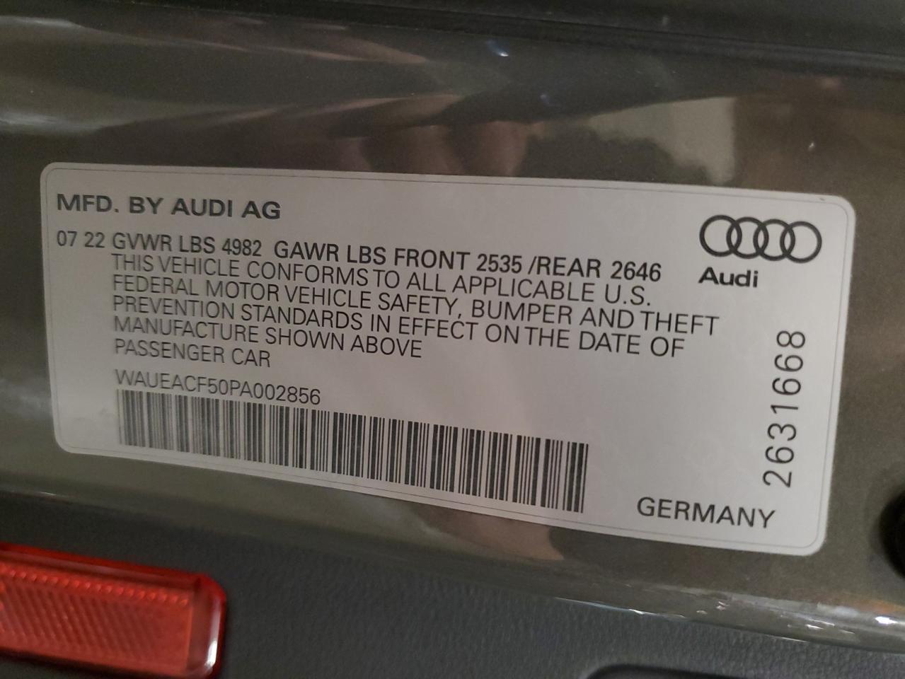 2023 Audi A5 Prestige 45 VIN: WAUEACF50PA002856 Lot: 90525715