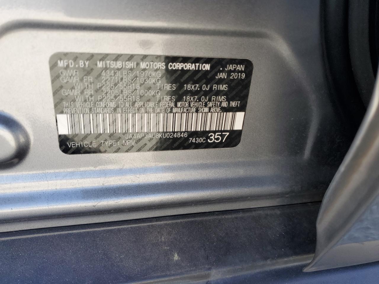 2019 Mitsubishi Outlander Sport Es VIN: JA4AP3AU8KU024846 Lot: 84780825