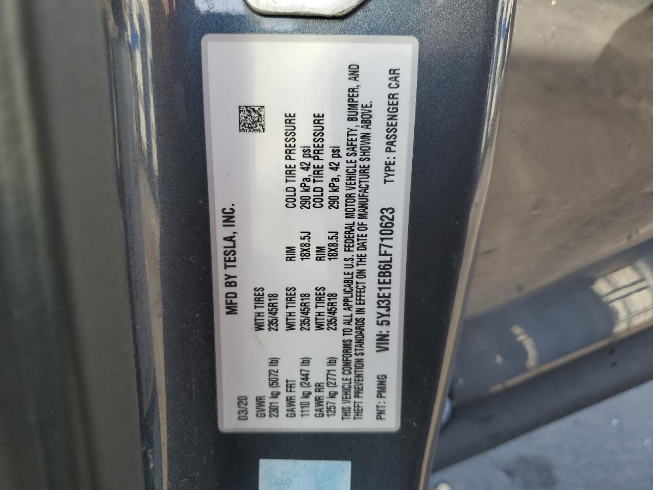 2020 Tesla Model 3 VIN: 5YJ3E1EB6LF710623 Lot: 82556635