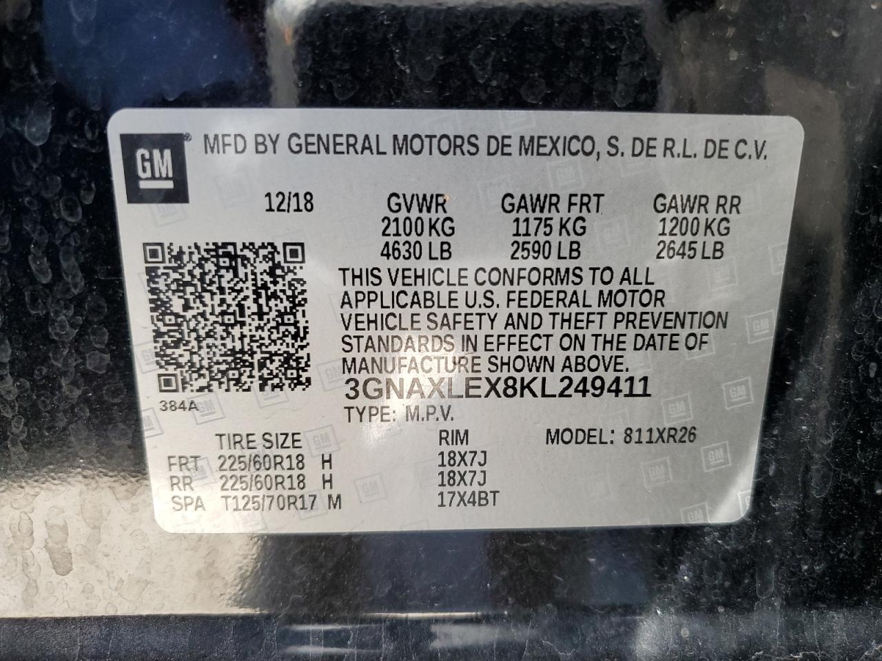 2019 Chevrolet Equinox Lt VIN: 3GNAXLEX8KL249411 Lot: 86236005