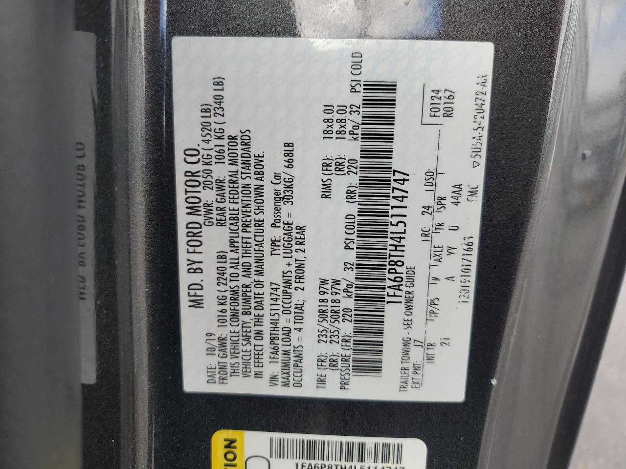 2020 Ford Mustang VIN: 1FA6P8TH4L5114747 Lot: 84746115