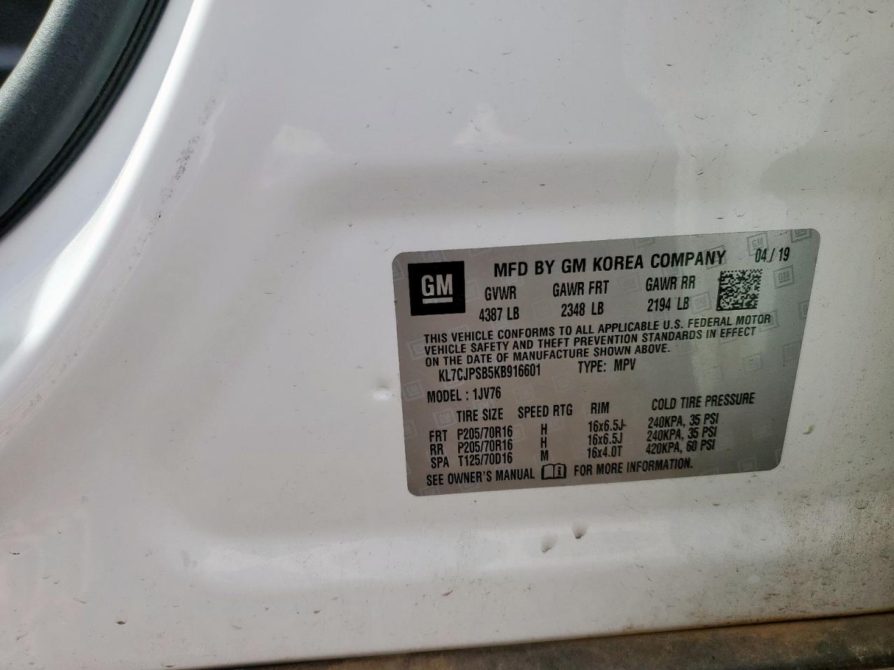 2019 Chevrolet Trax 1Lt VIN: KL7CJPSB5KB916601 Lot: 90936325