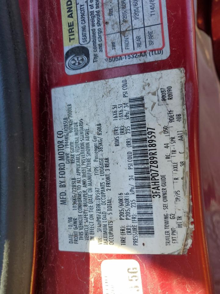 2009 Ford Fusion Se VIN: 3FAHP07Z89R189597 Lot: 86154585