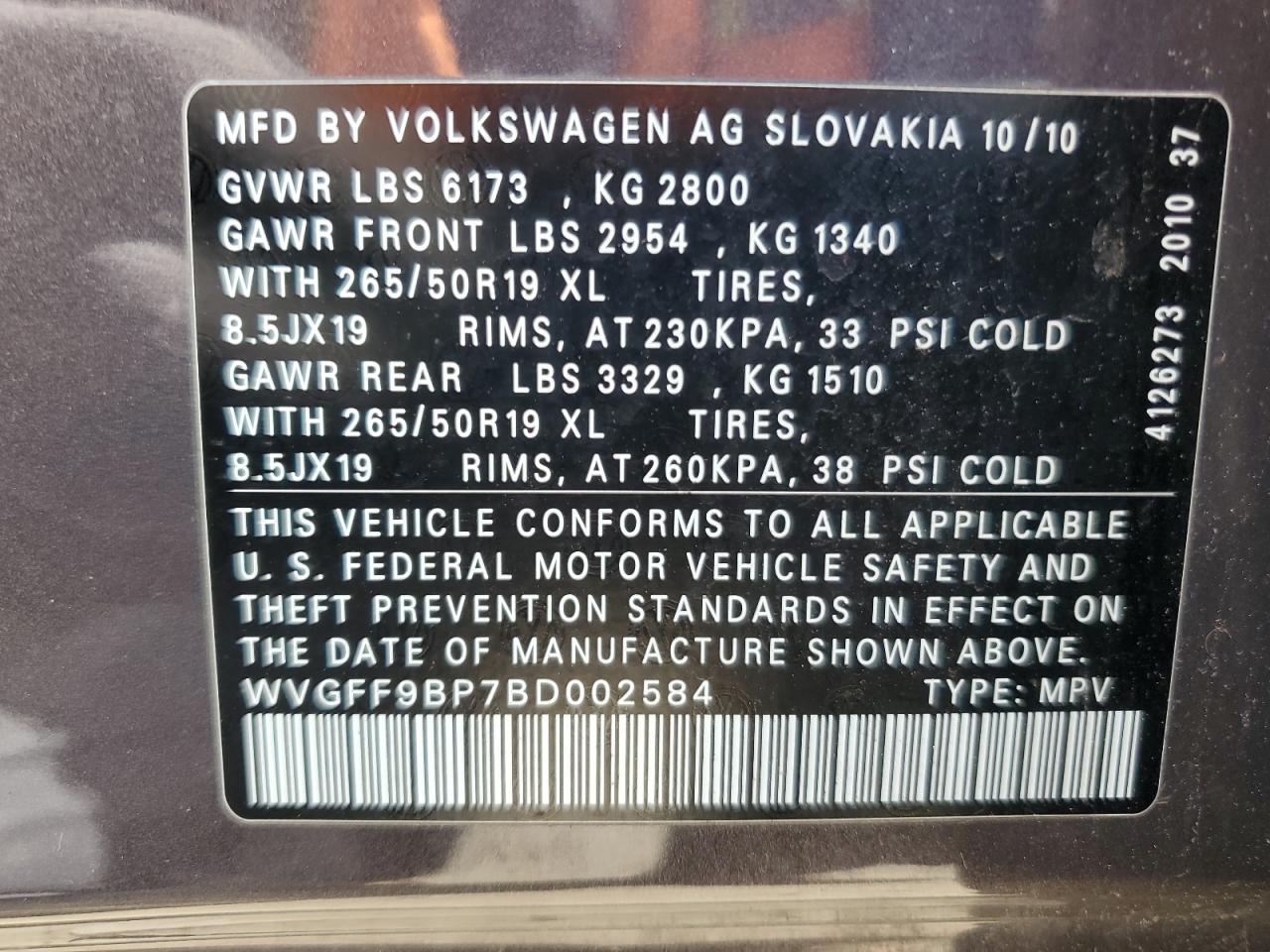 2011 Volkswagen Touareg V6 VIN: WVGFF9BP7BD002584 Lot: 85783705
