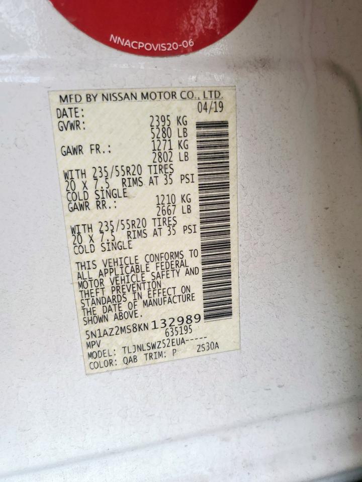 2019 Nissan Murano S VIN: 5N1AZ2MS8KN132989 Lot: 82218655