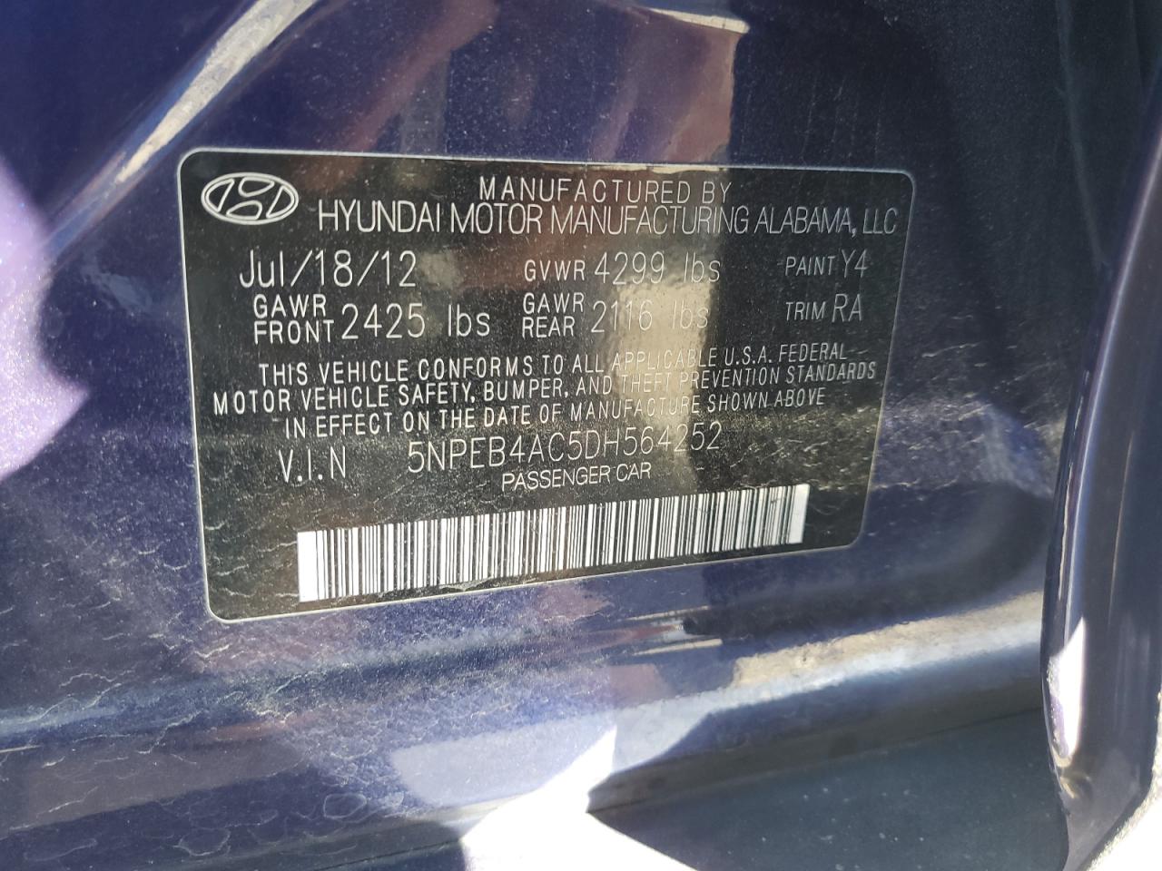 2013 Hyundai Sonata Gls VIN: 5NPEB4AC5DH564252 Lot: 86834585