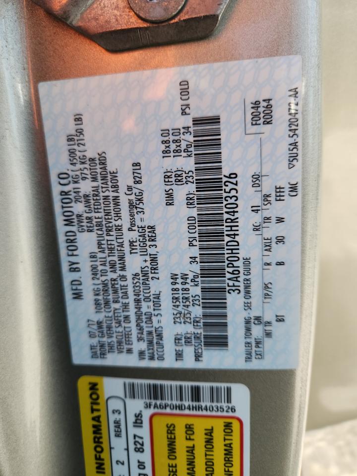 2017 Ford Fusion Se VIN: 3FA6P0HD4HR403526 Lot: 84730785