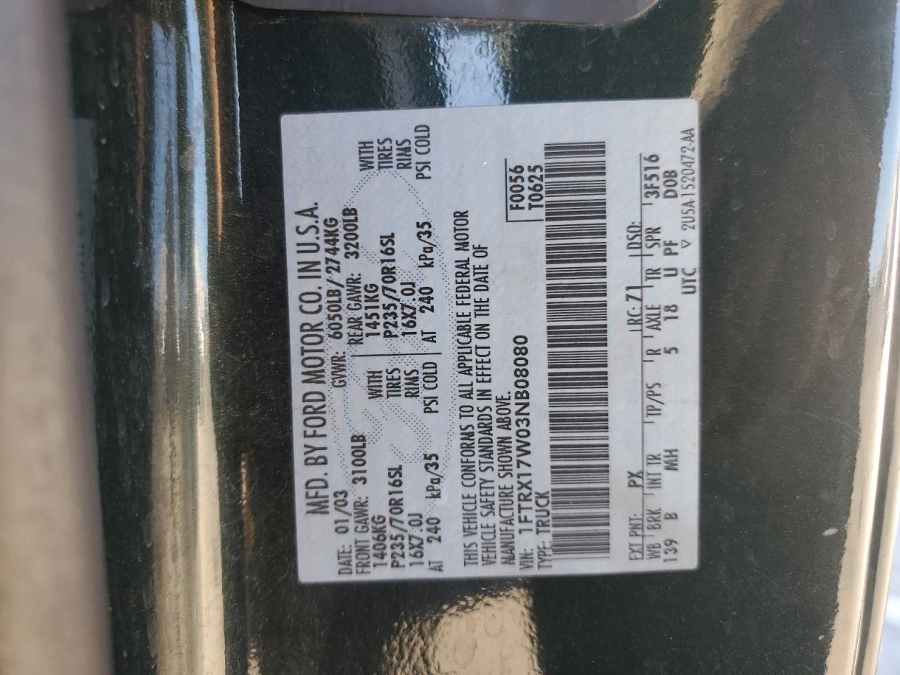 2003 Ford F150 VIN: 1FTRX17W03NB08080 Lot: 82501535