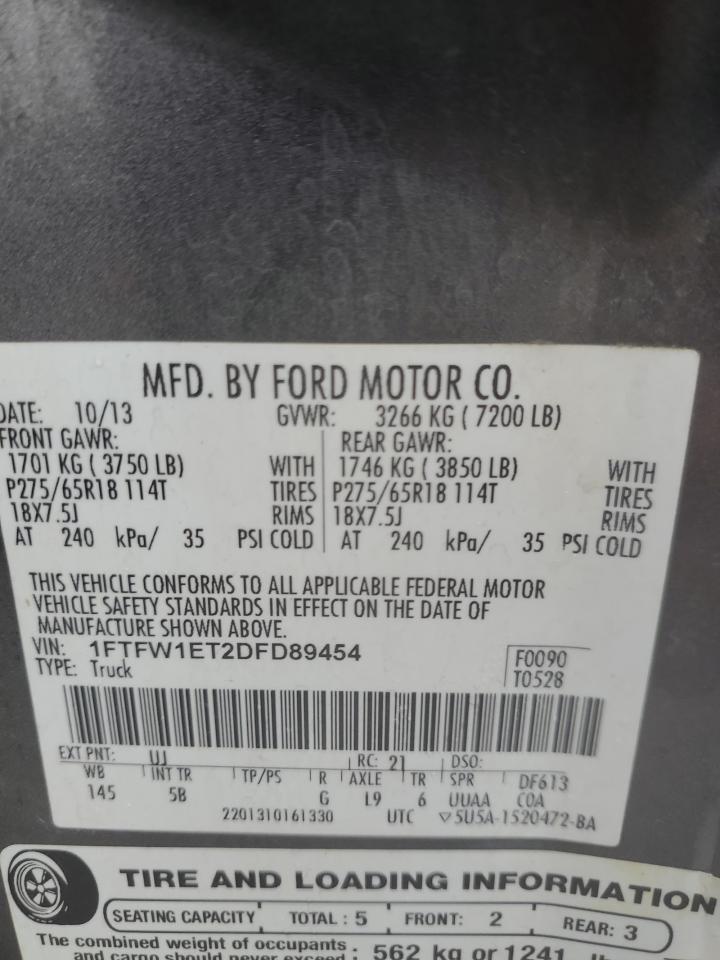 2013 Ford F150 Supercrew VIN: 1FTFW1ET2DFD89454 Lot: 90582425