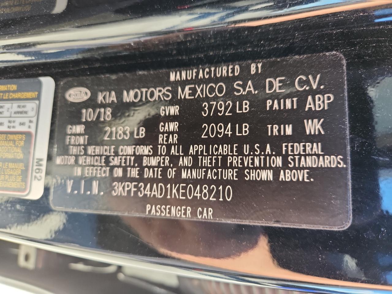 2019 Kia Forte Gt Line VIN: 3KPF34AD1KE048210 Lot: 82365575