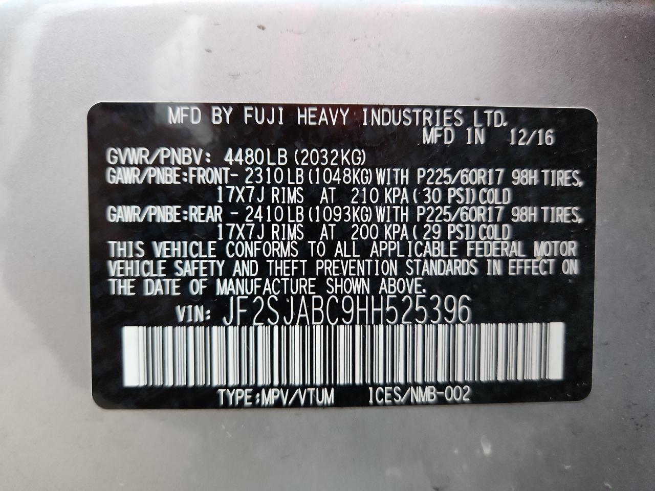 2017 Subaru Forester 2.5I VIN: JF2SJABC9HH525396 Lot: 85376095