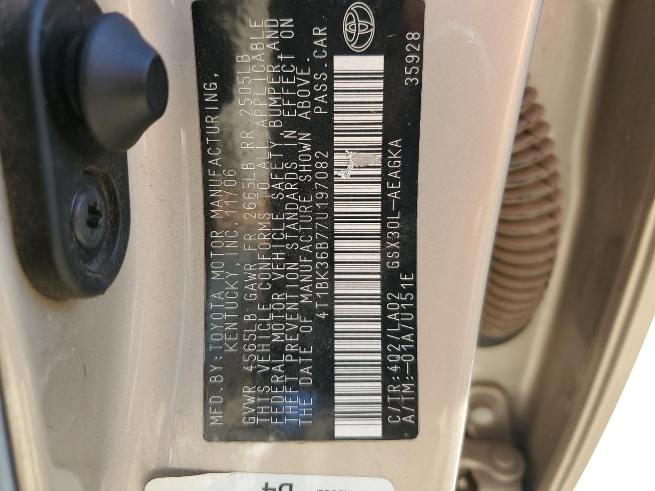 2007 Toyota Avalon Xl VIN: 4T1BK36B77U197082 Lot: 85532175