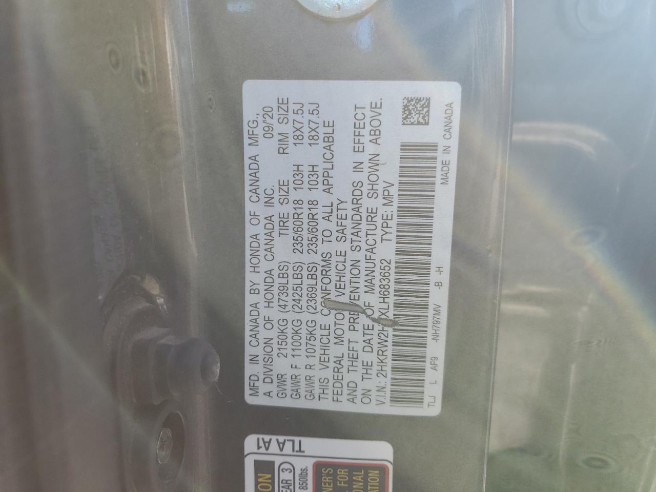 2020 Honda Cr-V Exl VIN: 2HKRW2H8XLH683652 Lot: 89670695