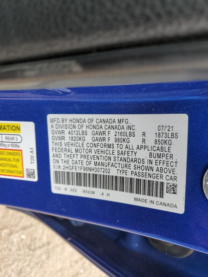 2022 Honda Civic Touring VIN: 2HGFE1F96NH307202 Lot: 86489665
