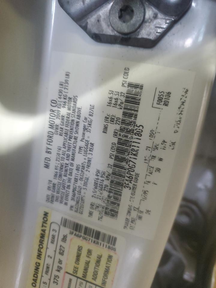 2019 Ford Fusion S VIN: 3FA6P0G71KR111805 Lot: 85542635