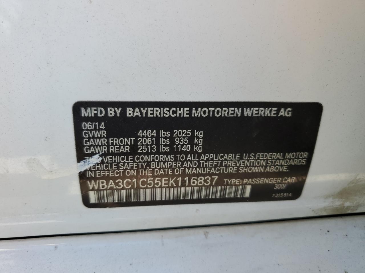 2014 BMW 328 I Sulev VIN: WBA3C1C55EK116837 Lot: 84300655