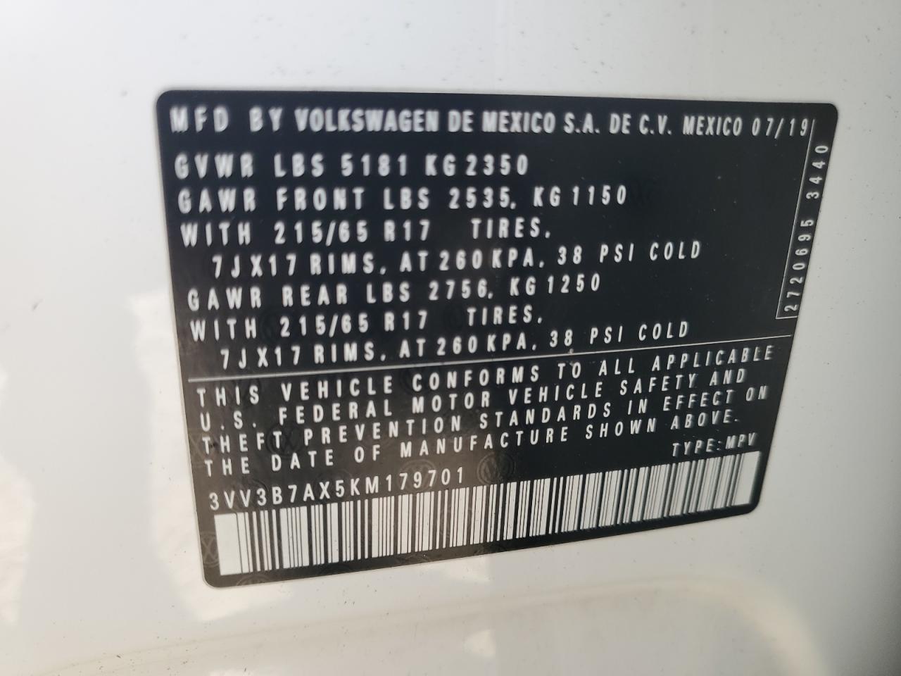 2019 Volkswagen Tiguan Se VIN: 3VV3B7AX5KM179701 Lot: 85091755