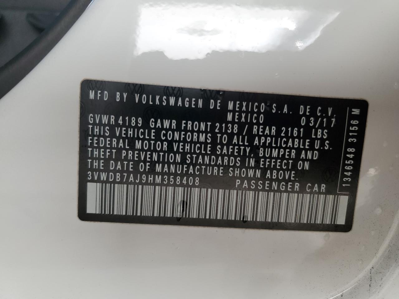 2017 Volkswagen Jetta Se VIN: 3VWDB7AJ9HM358408 Lot: 85538525