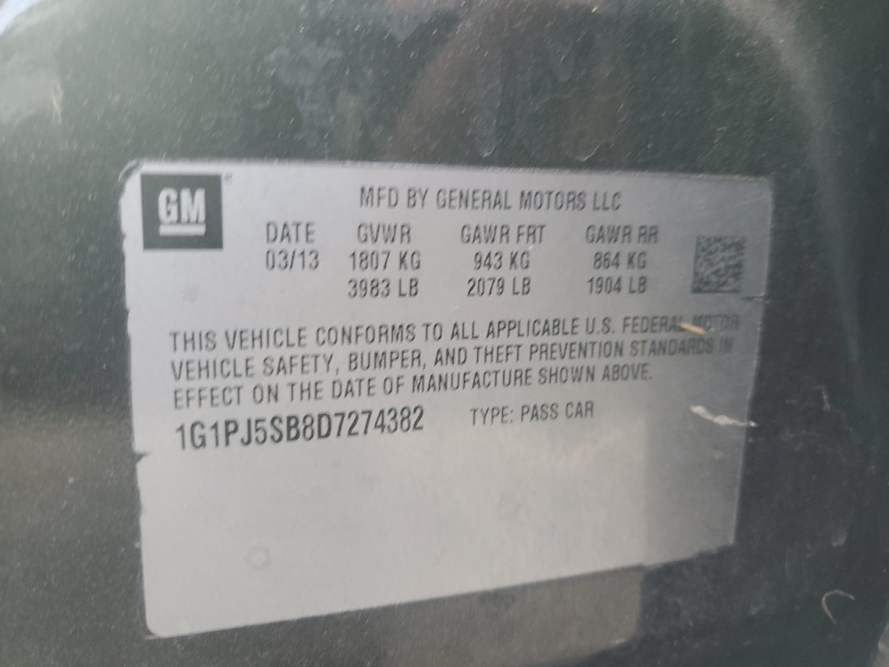 2013 Chevrolet Cruze Eco VIN: 1G1PJ5SB8D7274382 Lot: 81650565