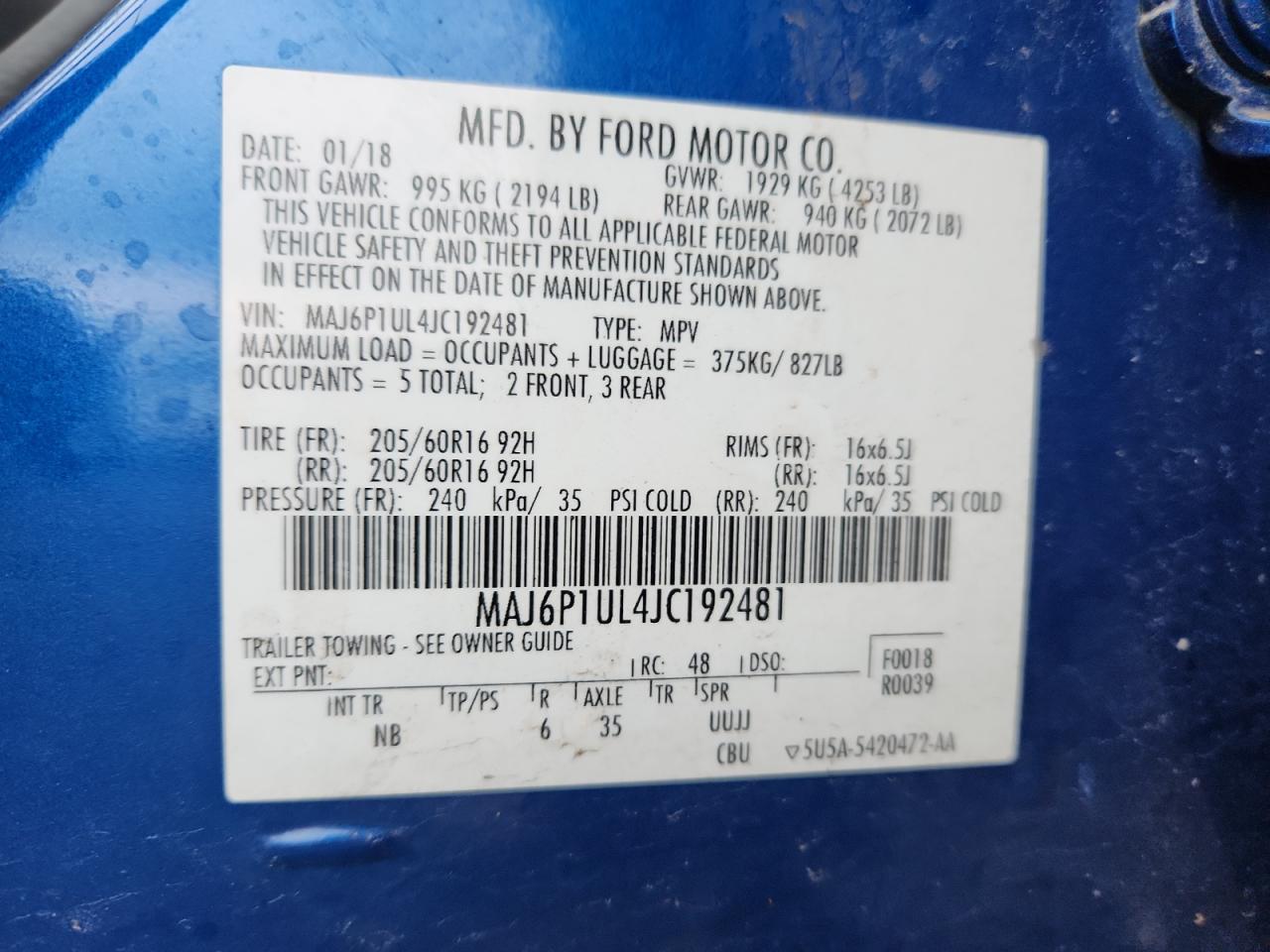 2018 Ford Ecosport Se VIN: MAJ6P1UL4JC192481 Lot: 86649415