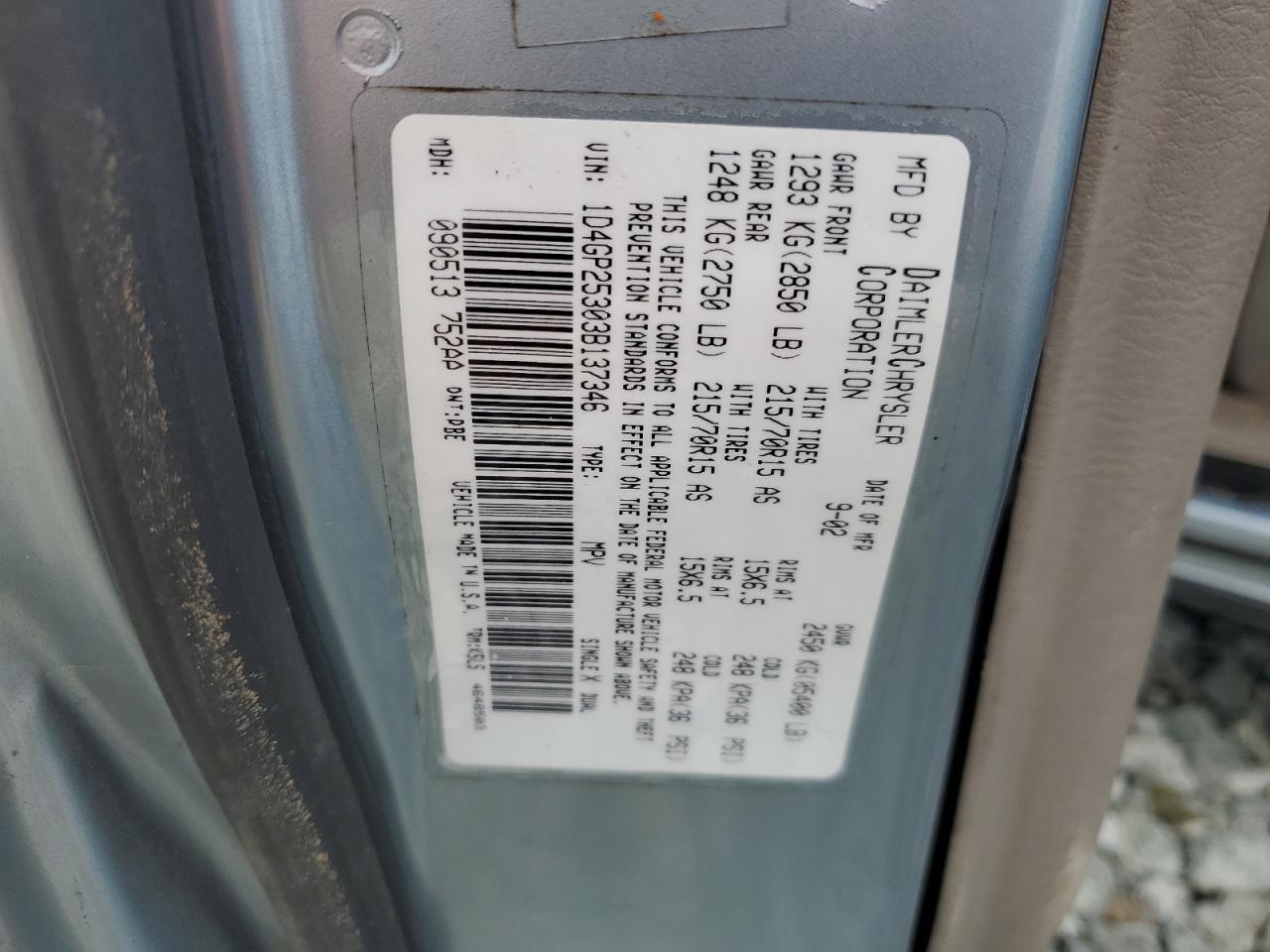 2003 Dodge Caravan Se VIN: 1D4GP25303B137346 Lot: 81940345