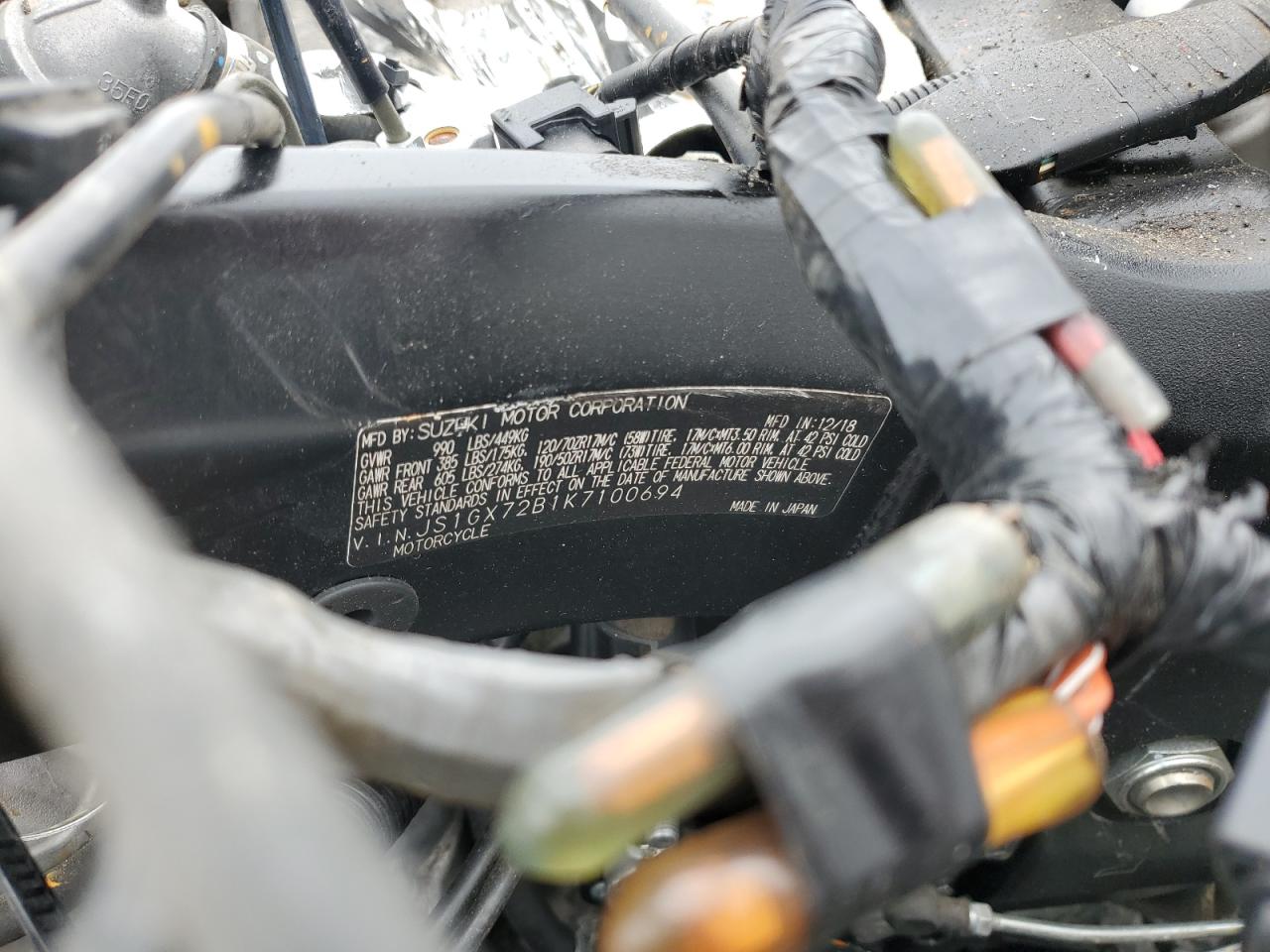 2019 Suzuki Gsx1300 Ra VIN: JS1GX72B1K7100694 Lot: 85560865