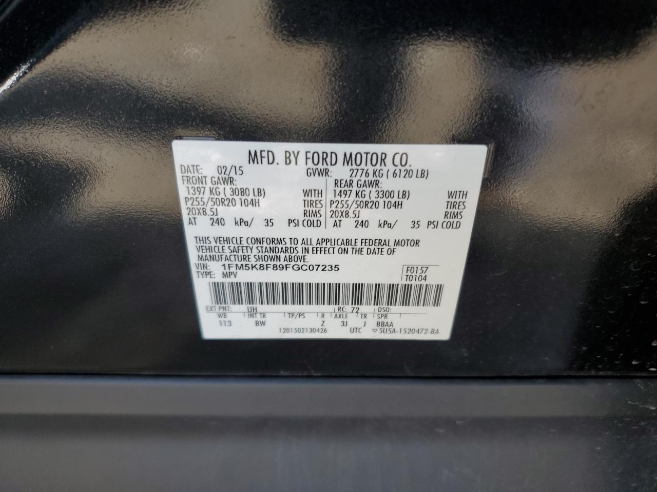 2015 Ford Explorer Limited VIN: 1FM5K8F89FGC07235 Lot: 86150285