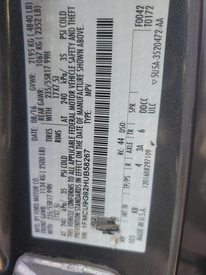 2017 Ford Escape Se VIN: 1FMCU9G92HUB58267 Lot: 86835845