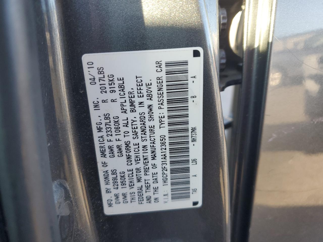 2010 Honda Accord Lx VIN: 1HGCP2F31AA123650 Lot: 85823465