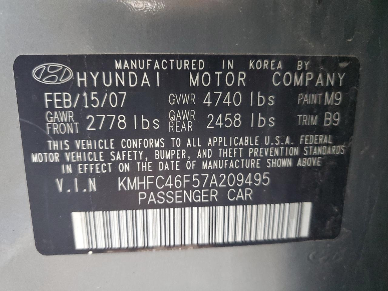 2007 Hyundai Azera Se VIN: KMHFC46F57A209495 Lot: 84614145