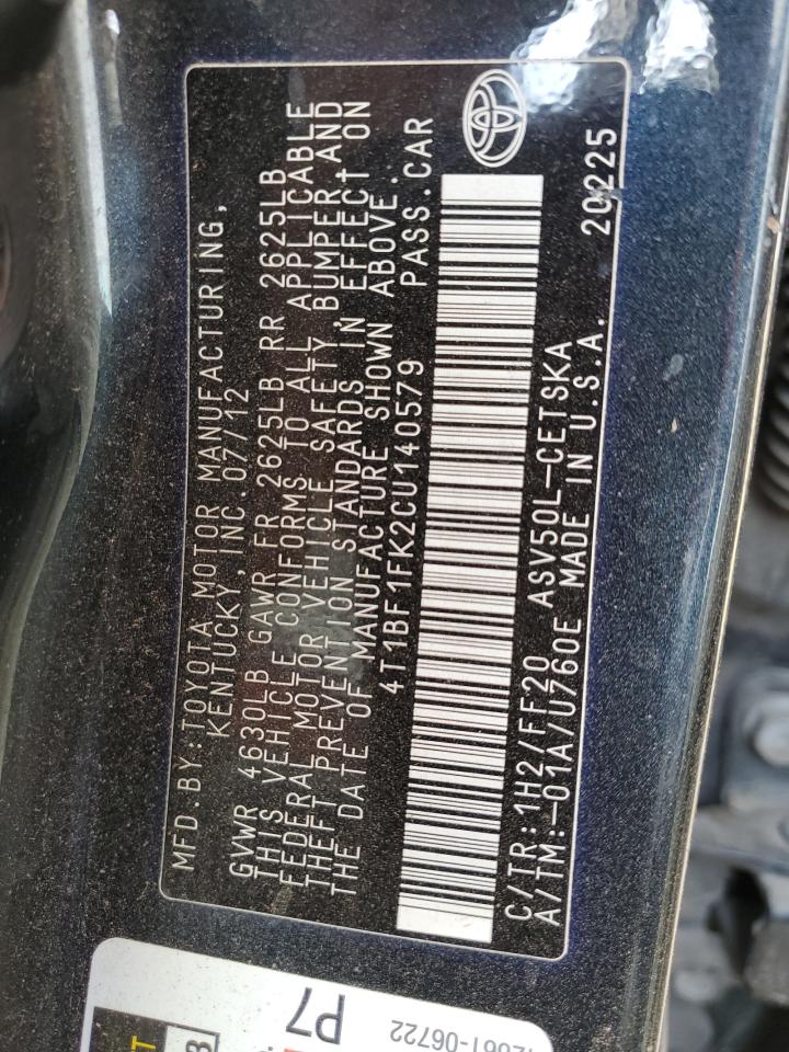 2012 Toyota Camry Base VIN: 4T1BF1FK2CU140579 Lot: 82566795