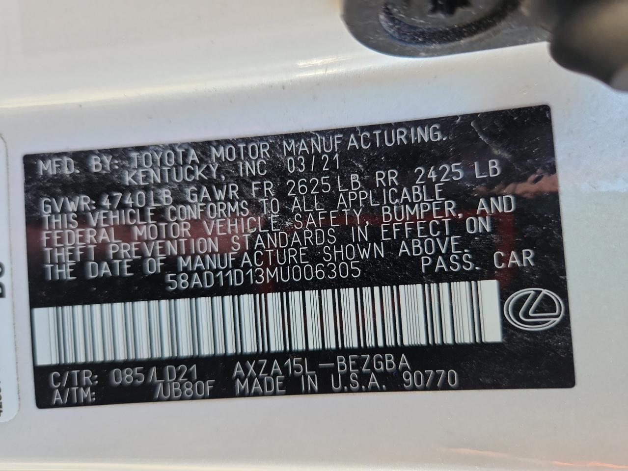 2021 Lexus Es 250 Base VIN: 58AD11D13MU006305 Lot: 85096315