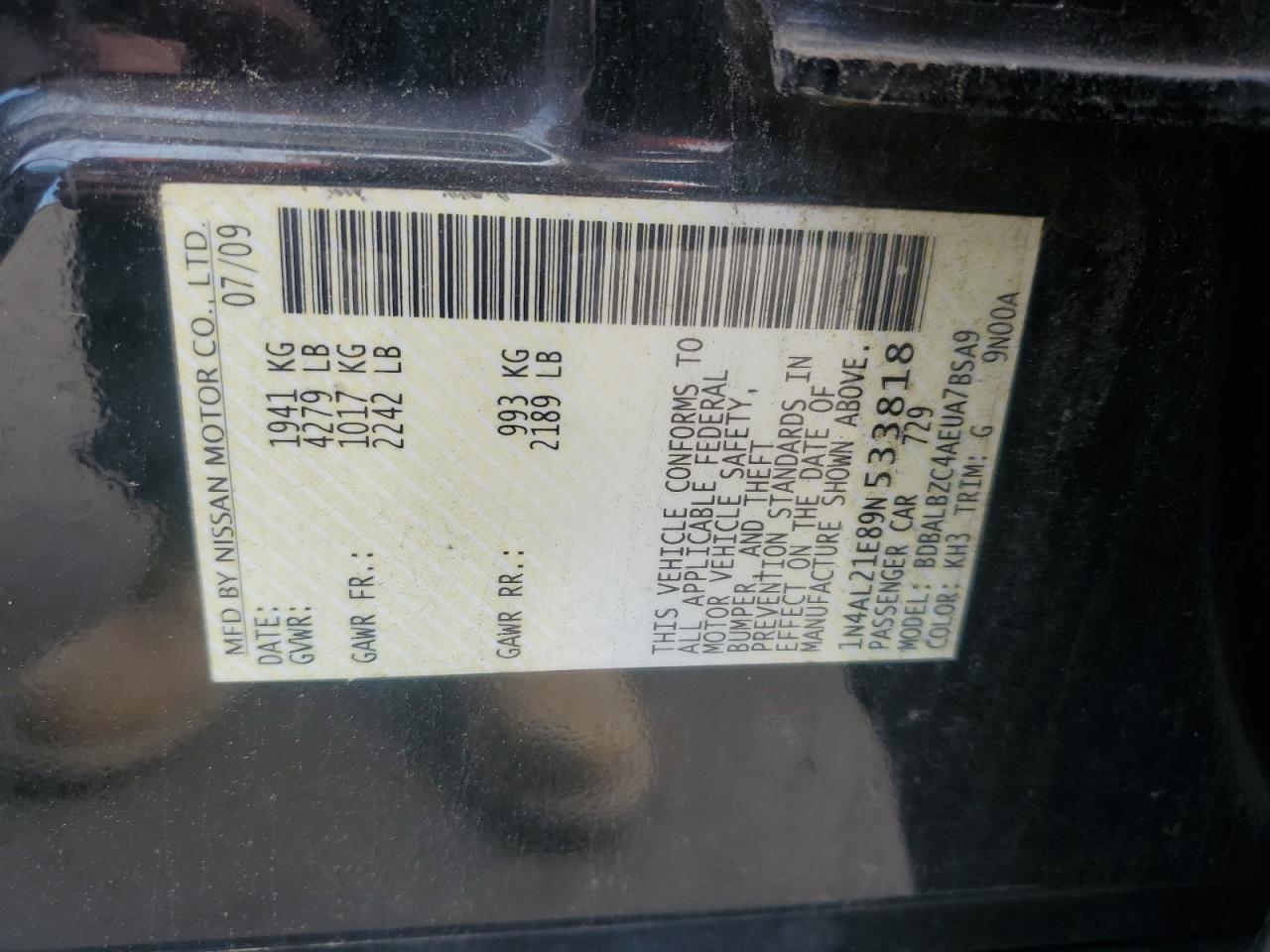 2009 Nissan Altima 2.5 VIN: 1N4AL21E89N533818 Lot: 85124875