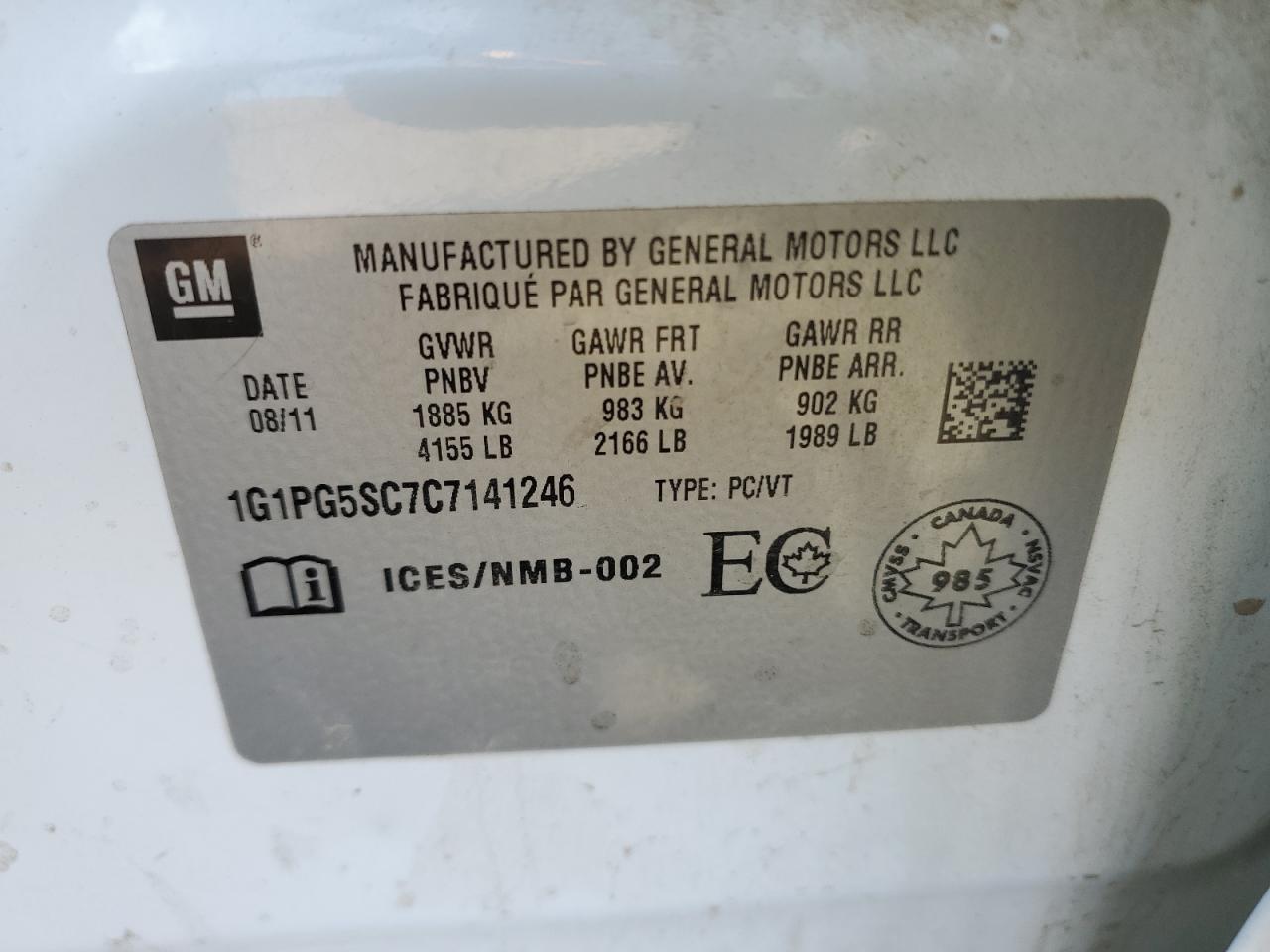 2012 Chevrolet Cruze Lt VIN: 1G1PG5SC7C7141246 Lot: 85168535