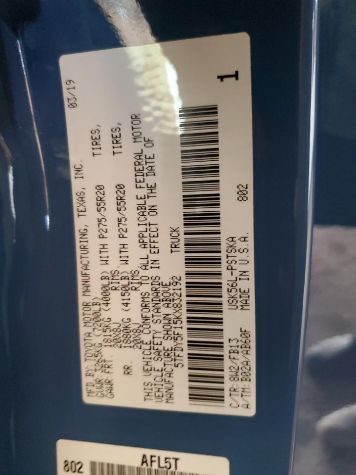 2019 Toyota Tundra Crewmax Sr5 VIN: 5TFDY5F15KX832192 Lot: 85008795