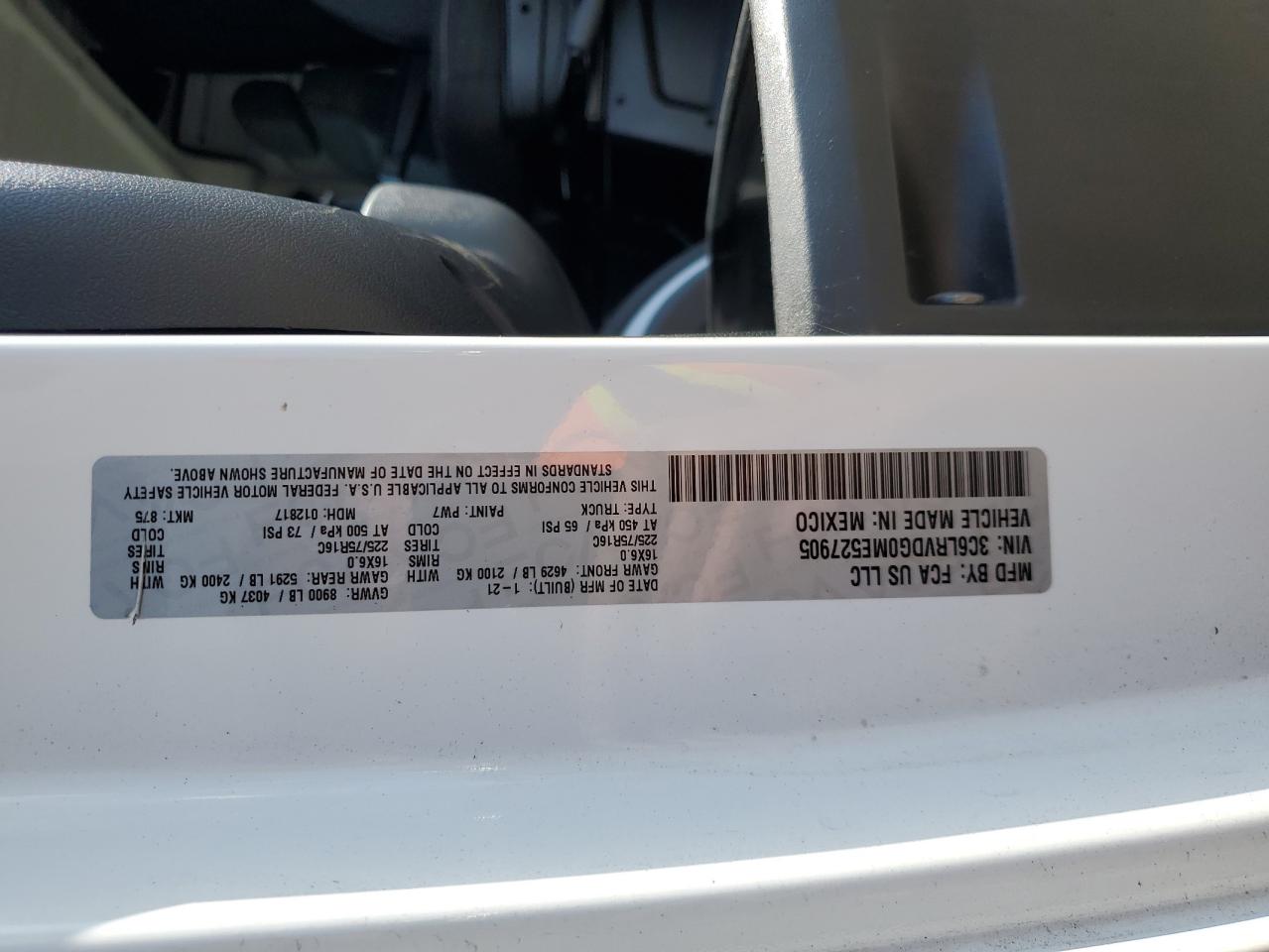 2021 Ram Promaster 2500 2500 High VIN: 3C6LRVDG0ME527905 Lot: 85754355