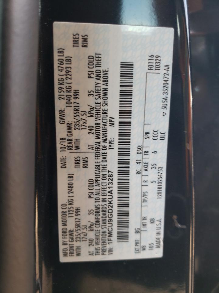 2019 Ford Escape Se VIN: 1FMCU9GD2KUA13287 Lot: 84066125